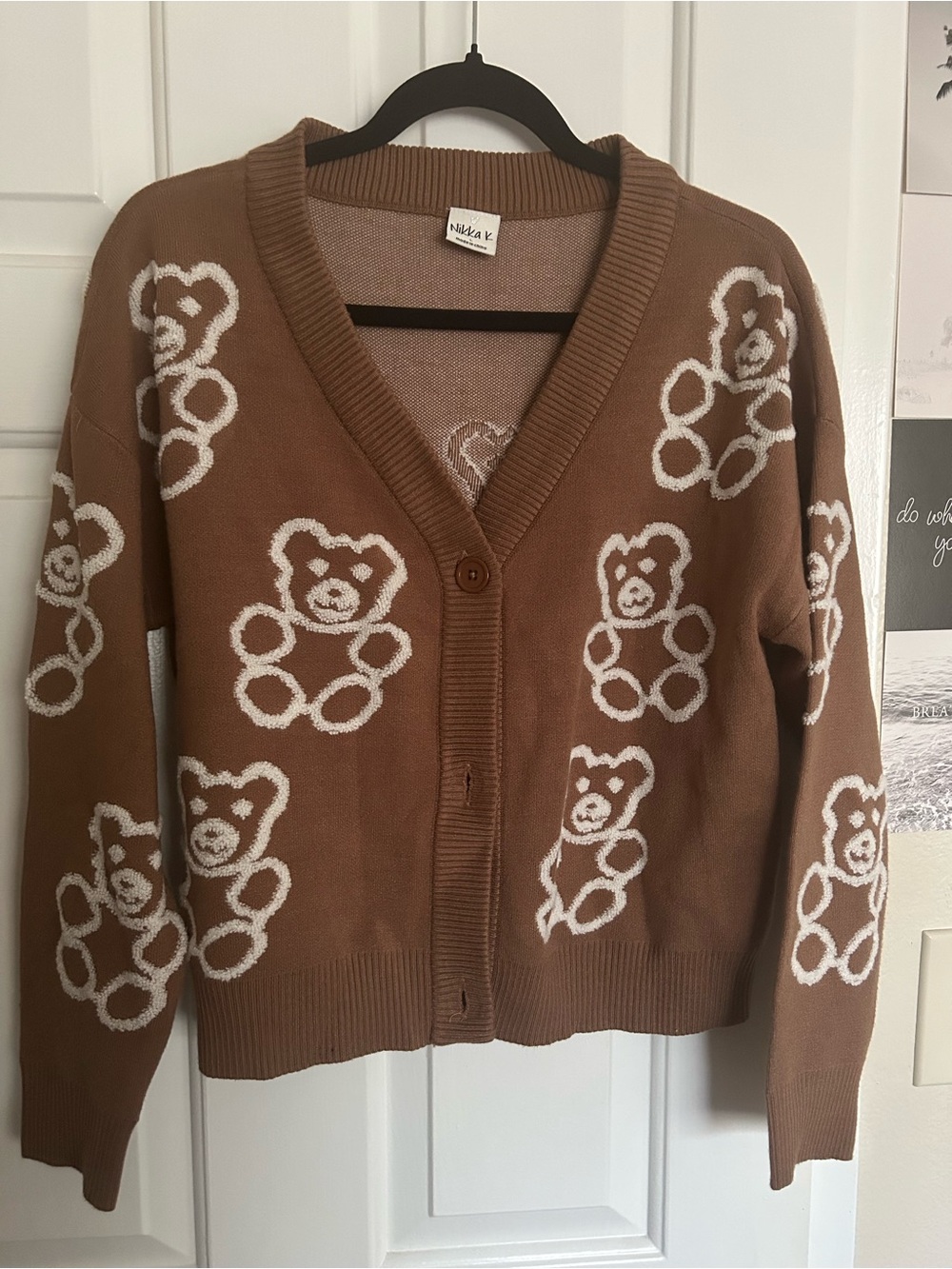 Brown Teddy-Print V-Neck Cardigan Sweater